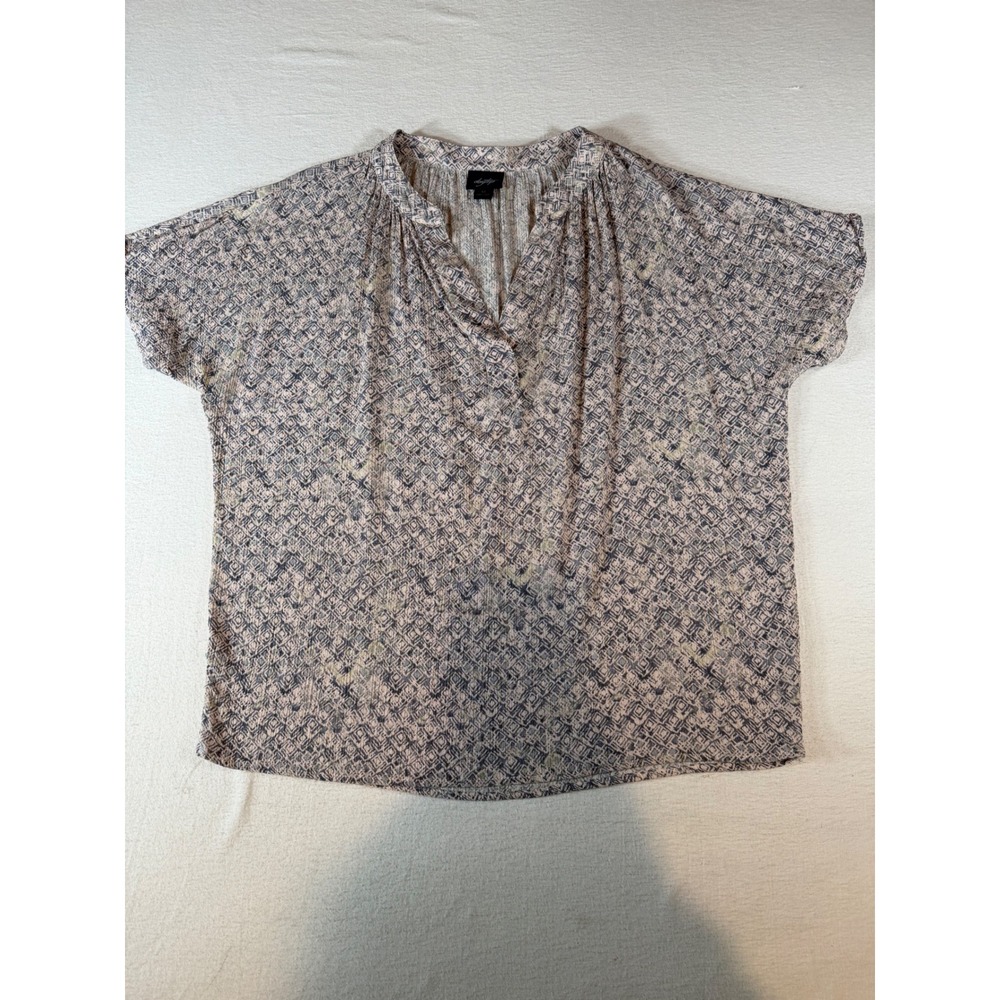 Daytrip Womens Blue Blush Geometric Lurex Metallic Short Sleeve Blouse Size M